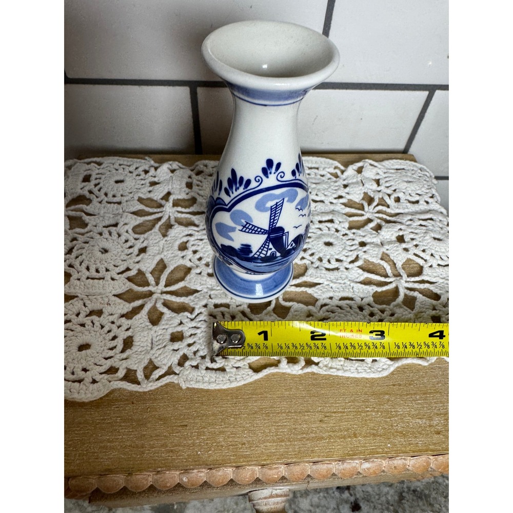 Delft Blue Handpainted Holland Windmill Ceramic Bud Vase 5 Inch Blue White - Picture 7 of 8